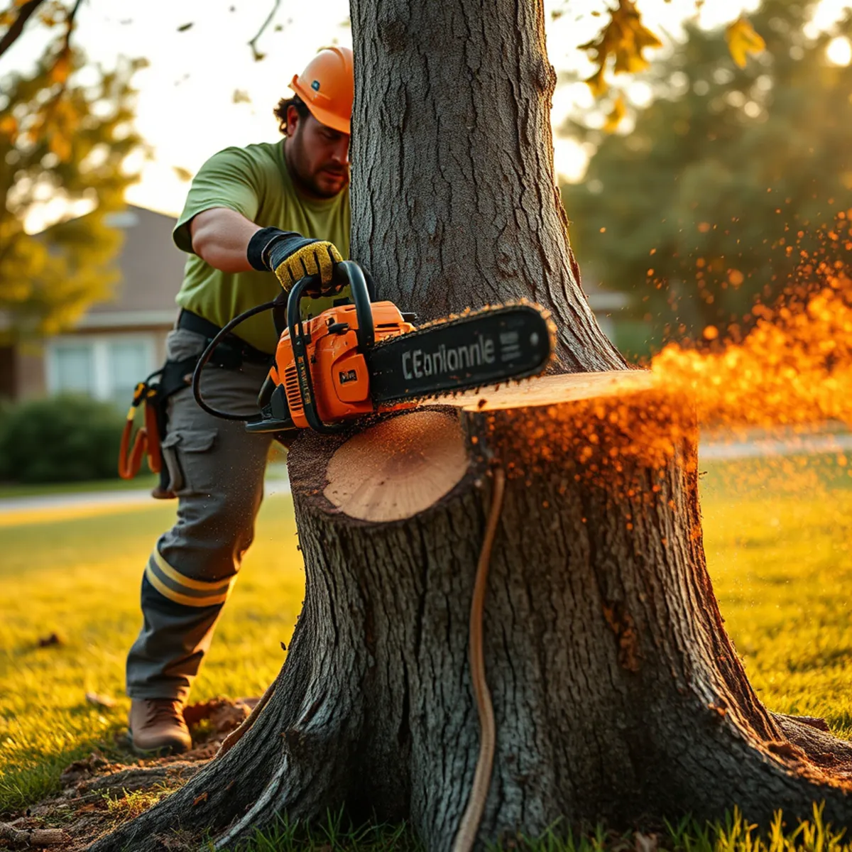 Sion Tree Service crew cutting a freshly felled tree trunk in Fort Worth, TX