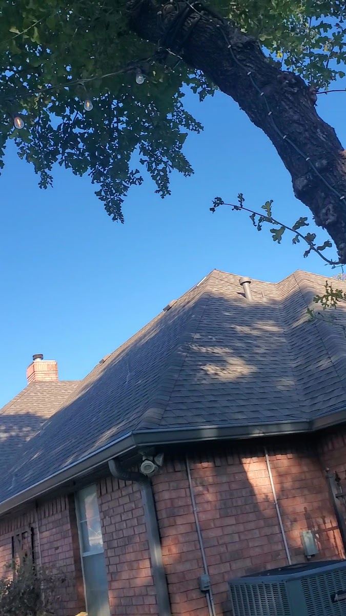 Large oak limb overhanging the roofline of a Texas brick home, flagged for trimming